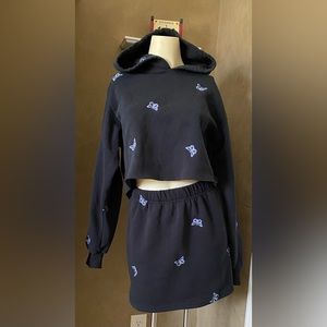 Cali 1850 Los Angeles Cropped Hoodie Sweatshirt and skirt Butterfly embroidery